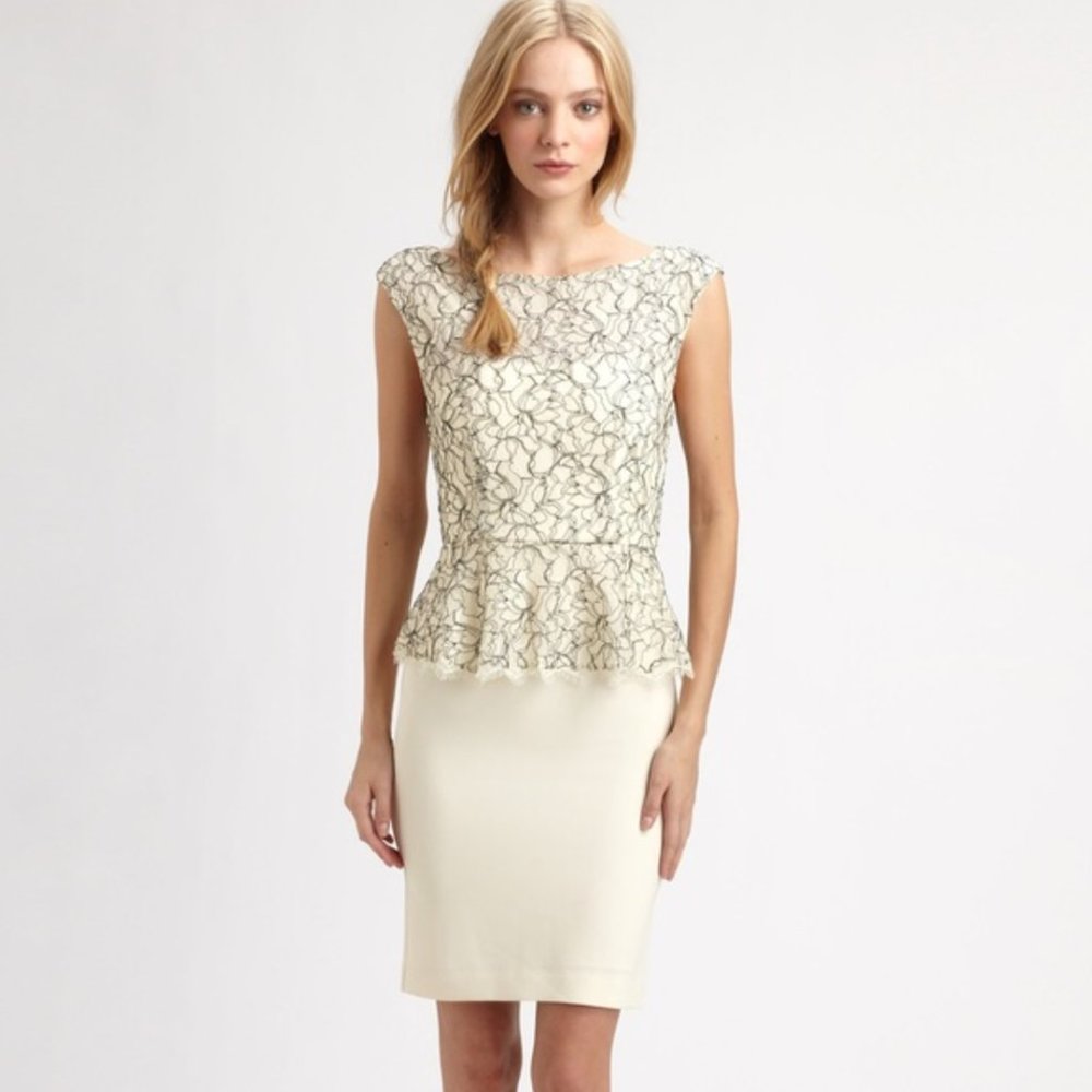 NWOT Alice + Olivia Shovan Ivory Lace Crepe Open Back Peplum Cocktail Dress 2